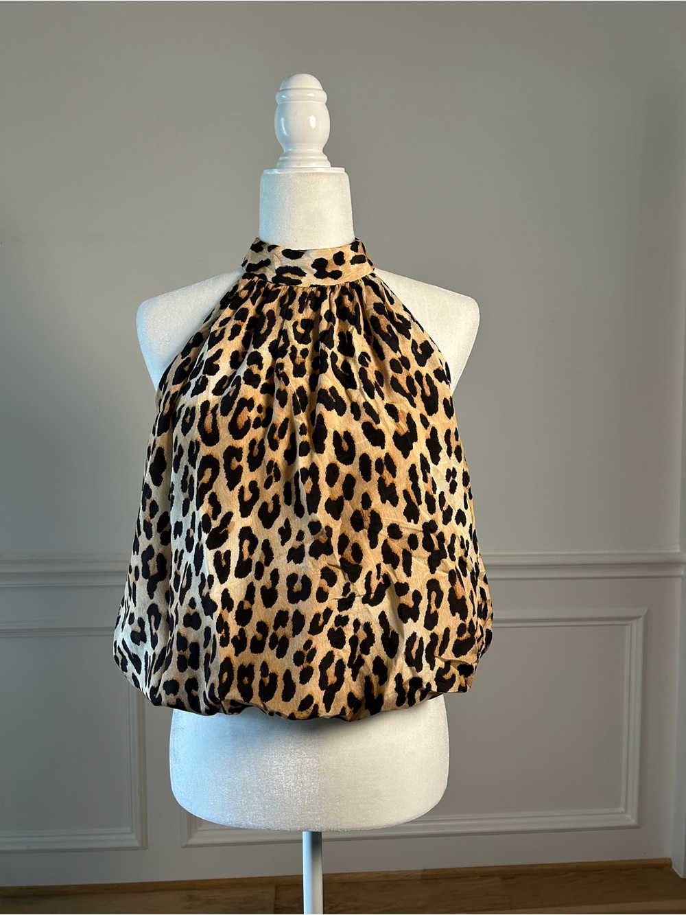 Alice + Olivia Leopard Tie Neck Halter in Tan and Black